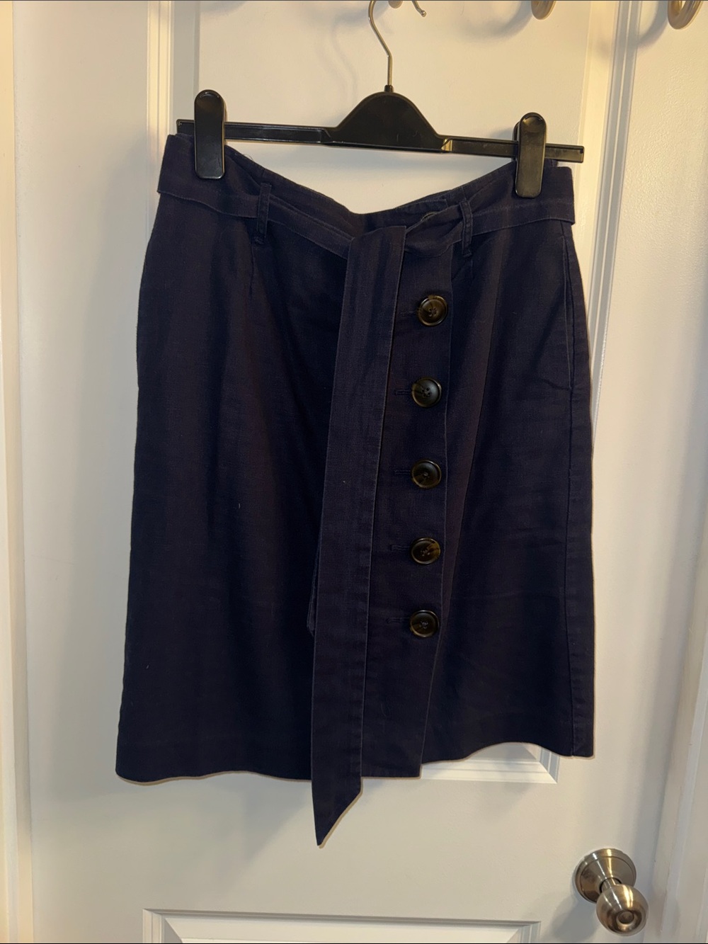 Boden Navy Button-Front A-Line Skirt with Waist Tie